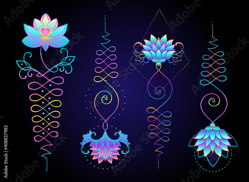 Lotus and Sacred Geometry. Unamole hindu symbol of wisdom and path to perfection. Set of tattoo flesh, yoga logo. Boho oriental print, poster, t-shirt textile. Colorful rainbow signs set
