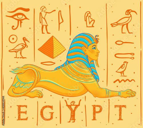 Sphinx, Egyptian mythical creature with head of human, body of lion and wings. Hand-drawn vintage vector outline illustration. Tattoo flash, t-shirt or poster design, postcard. Egypt history.