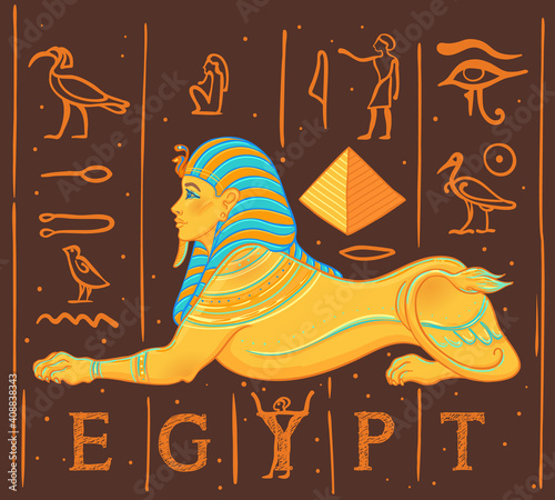 Sphinx, Egyptian mythical creature with head of human, body of lion and wings. Hand-drawn vintage vector outline illustration. Tattoo flash, t-shirt or poster design, postcard. Egypt history.