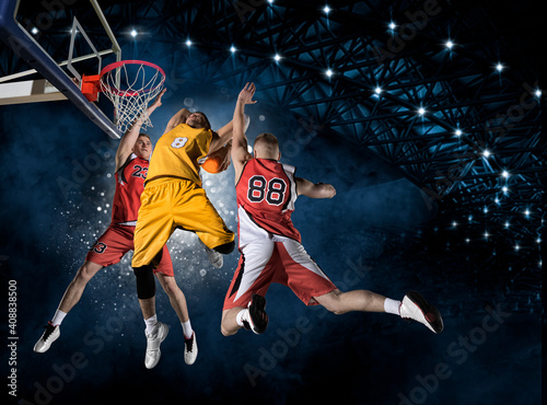 Basketball players in arena. Two image of the same model