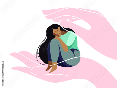 vector flat design illustration on the theme of mental health. a very sad girl needs psychological support. she may be a victim of domestic violence. helping hands reach out in her. mental healthcare