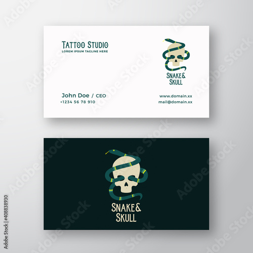 Snake and Skull Abstract Modern Vector Logo and Business Card Template. Tattoo Studio Flat Style Illustration Emblem. Shabby Textures. Premium Stationary Realistic Mock Up. Isolated