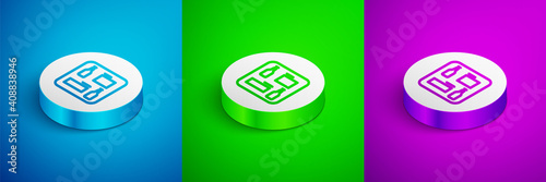Isometric line Beer menu icon isolated on blue,green and purple background. Beer restaurant brochure. White circle button. Vector.