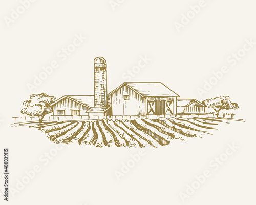 Hand Drawn Rural Buildings Landscape Vector Illustration. Farm with Field, Barns, Grain Elevator and Trees Sketch. Village Houses Doodle. Isolated