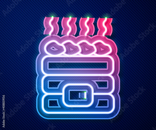 Glowing neon line Hot sauna stones icon isolated on blue background. Spa resort recreation, bathhouse relaxation. Hot stones on electric heater. Vector.