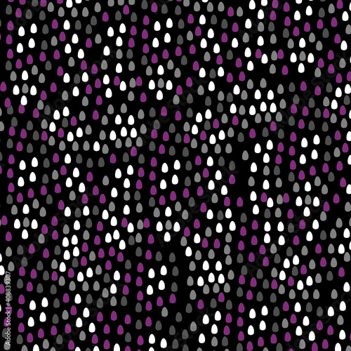 Patrón para diseño oscuro con gotas diversas en blanco negro gris y magenta.