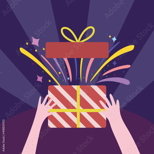 hands opening gift confetti celebration cartoon