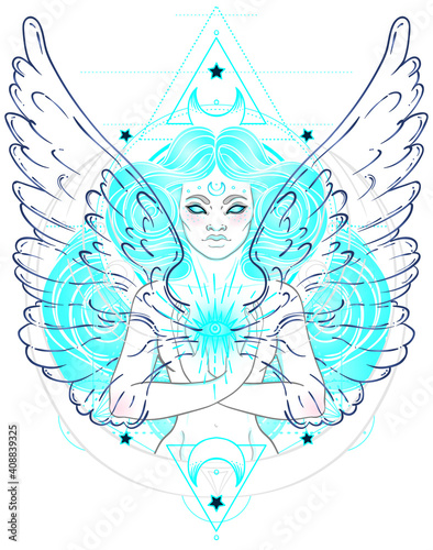 African American magic woman holding all seeing eye with rays. Vector Illustration. Mysterious black girl over sacred geometry symbols and wings. Alchemy, religion, spirituality, occultism, tattoo art