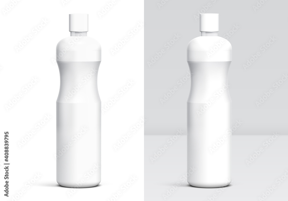 Plastic bottle mockup for cleaner, shampoo, disinfectant or another householding hygiene item. Template with white container and separate shadows and light groups for editing Plastic bottle mockup for cleaner, shampoo, disinfectant or another householding hygiene item. Template with white container and separate shadows and light groups for editing