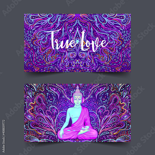 Yoga card, flyer, poster, mat design. Colorful design template for spiritual retreat or yoga studio. Ornamental business cards, oriental pattern. Vector illustration.