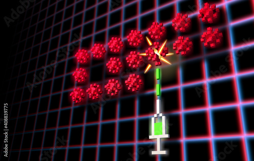 COVID vaccination concept with vaccine syringe shooting coronavirus invaders in synthwave or vaporwave style. Technology and science illustration with retro game theme and copy space.