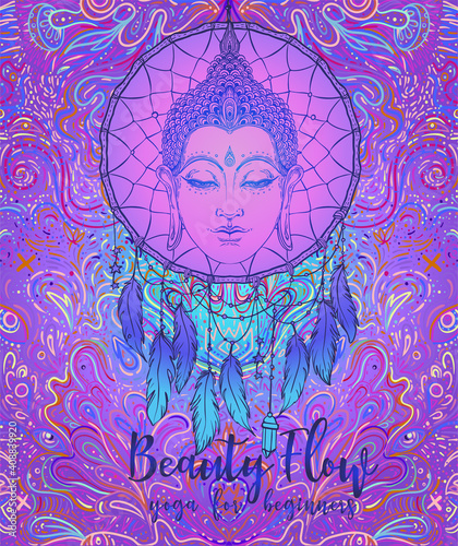 Yoga card, flyer, poster, mat design. Colorful design template for spiritual retreat or yoga studio. Ornamental business cards, oriental pattern. Vector illustration.
