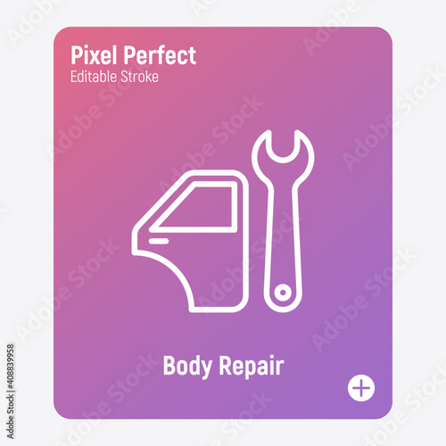 Car service: auto body repair thin line icon. Car door and wrench. Pixel perfect, editable stroke. Vector illustration.