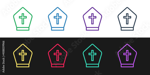 Set line Pope hat icon isolated on black and white background. Christian hat sign. Vector.
