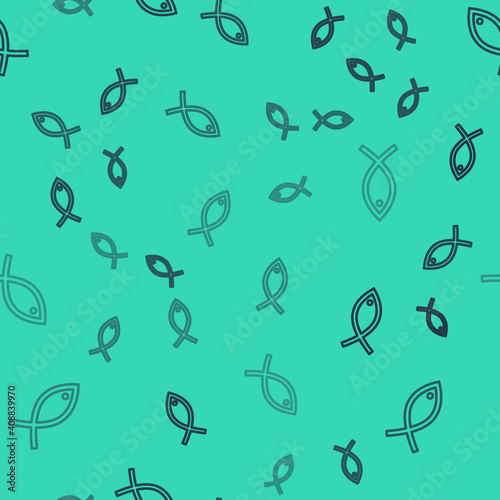 Black line Christian fish symbol icon isolated seamless pattern on green background. Jesus fish symbol. Vector.