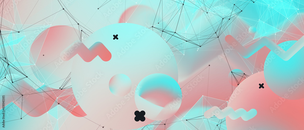 Trendy spectral background with holographic primitive amorphous shapes and triangular polygonal mesh. Contemporary abstract graphic design template.