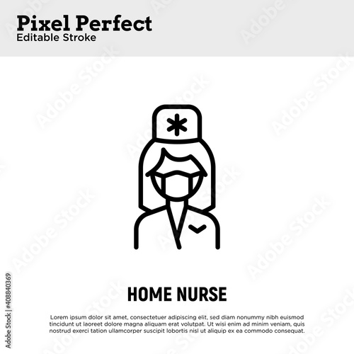 Caregiver, home nurse. Thin line icon. Assisted living. Geriatric medicine. Pixel perfect, editable stroke. Vector illustration.