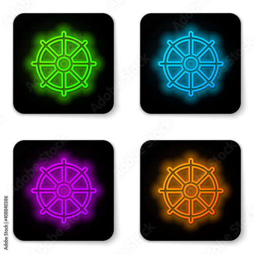 Glowing neon line Dharma wheel icon isolated on white background. Buddhism religion sign. Dharmachakra symbol. Black square button. Vector.