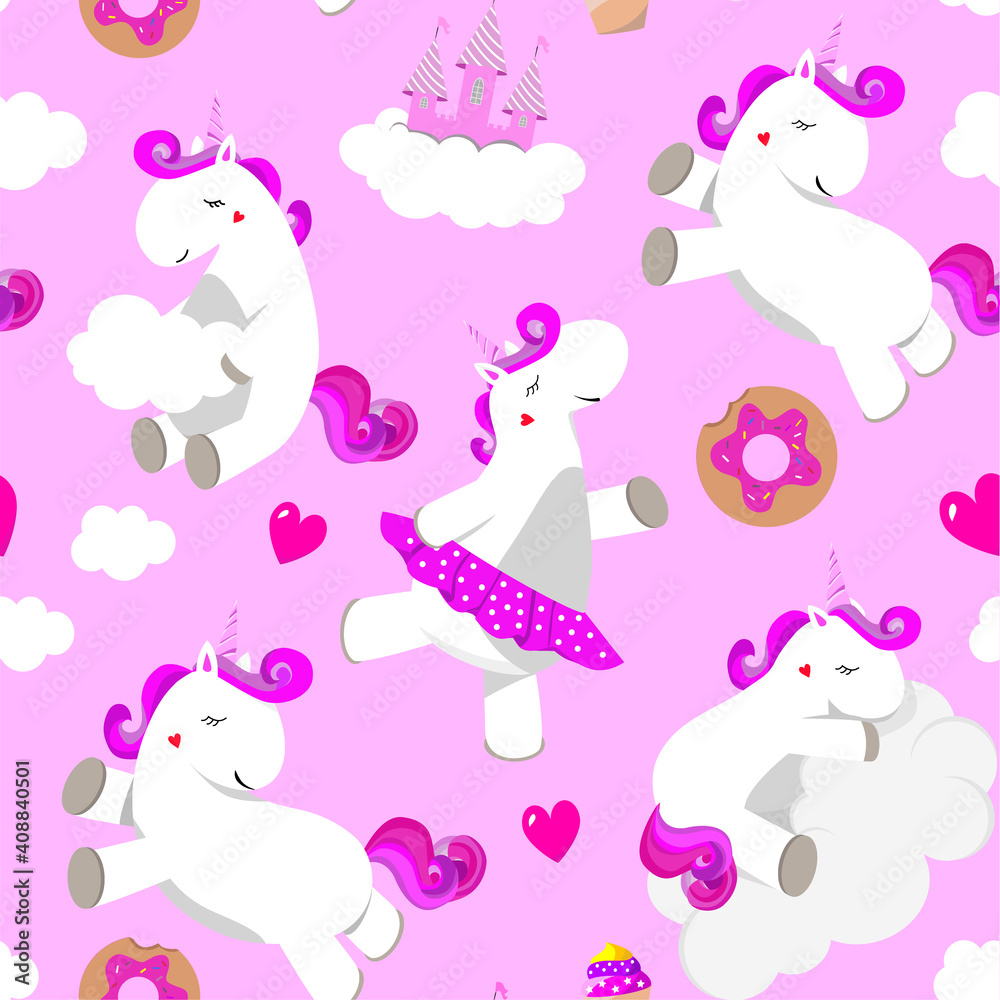 Childish cute pattern with unicorns and clouds. For children's clothing, sleepwear, wallpaper and decor