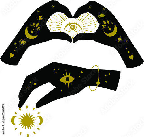 Vector woman hands on the white isolated background. Celestial moon sun stars elements.