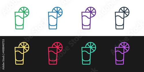 Set line Tequila glass with lemon icon isolated on black and white background. Mexican alcohol drink. Vector.