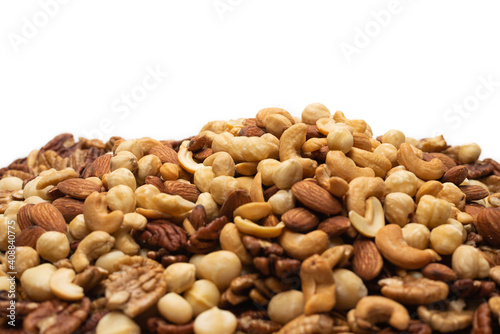 Mix of nuts isolated on white background. Top view.