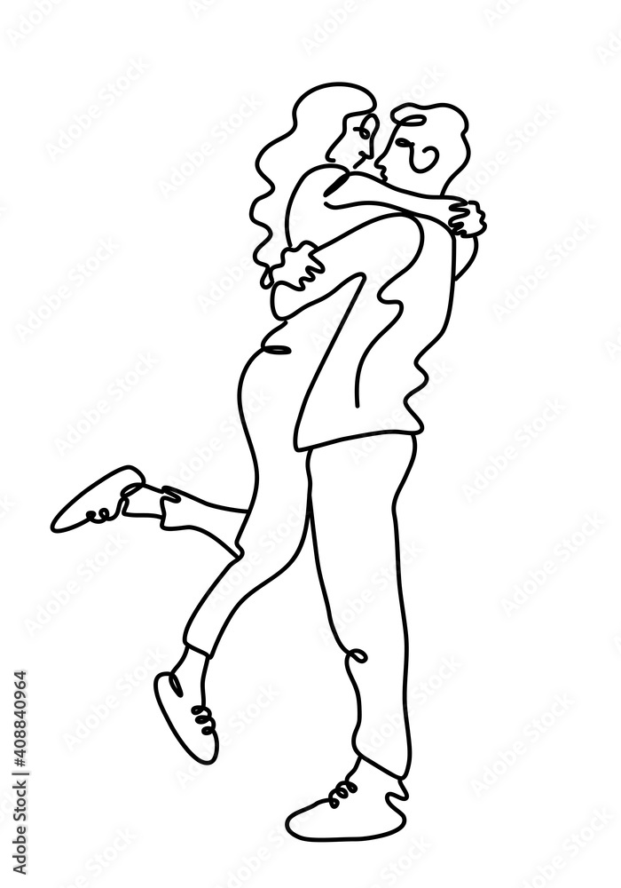 Continuous line drawing of happy couple hugging. Vector illustration.