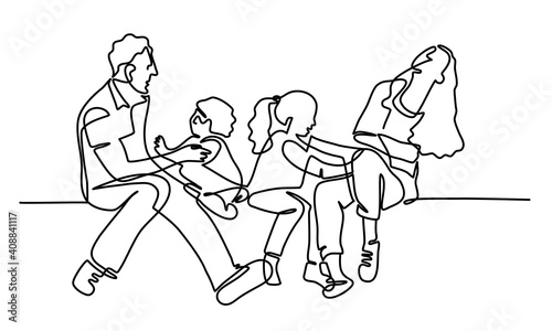 Continuous line drawing of happy family. Father, mother, daughter, and son sitting together. Vector illustration.
