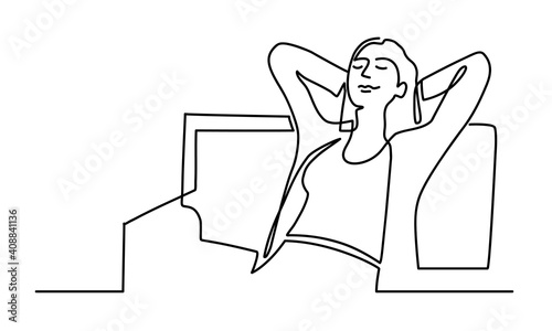 Continuous line drawing of young woman relaxing in the chair and holding hands behind head. Vector illustration.