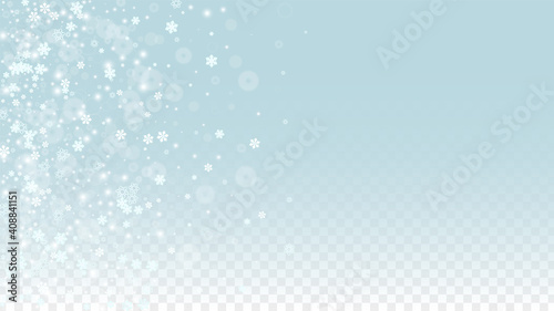 Christmas  Vector Background with White Falling Snowflakes Isolated on Transparent Background. Realistic Snow Sparkle Pattern. Snowfall Overlay Print. Winter Sky. Design for Party Invitation.