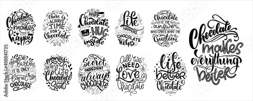 Chocolate hand lettering quotes set. Warm winter word composition. Vector design elements for t-shirts, bags, posters, cards, stickers and menu
