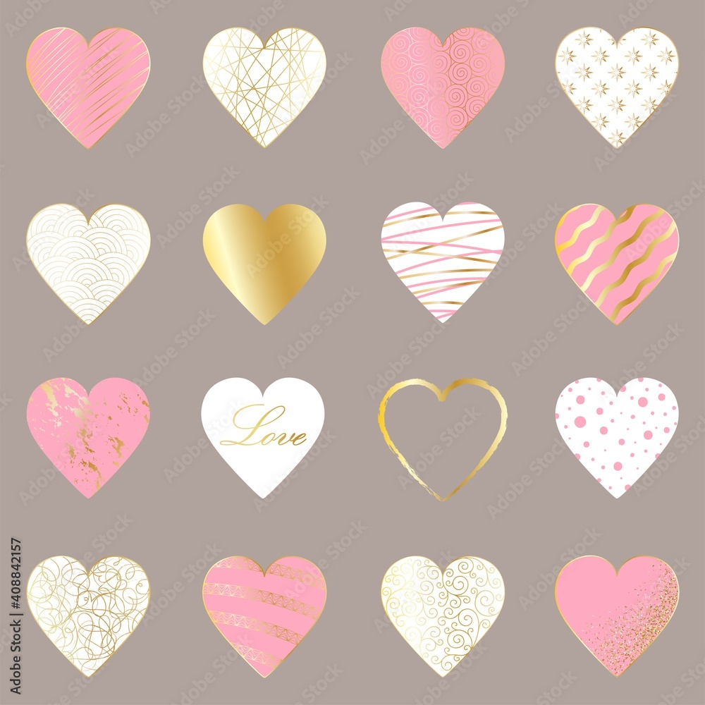 Set of 16 elegant gold, pink and white hearts on a light gray background