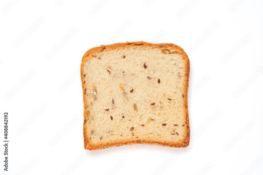 Slices toast bread with pumpkin, poppy, flax, sunflower, sesame and millet seeds isolated on white background for proper nutrition. Top view, flat lay