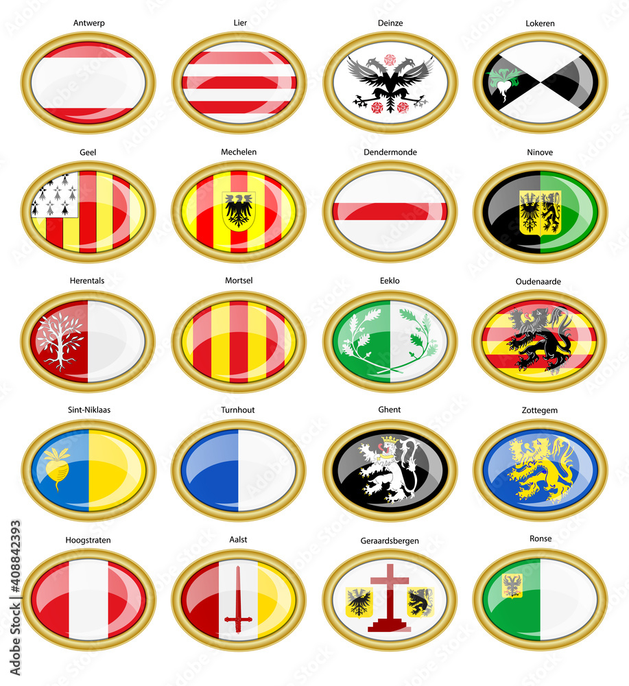 Set of vector icons. Cities in Flanders (Antwerp and East Flanders provinces), Belgium.