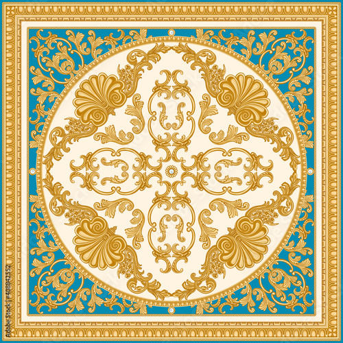 Vector carpet print on a beige and turquoise background. Fashionable pattern from gold carved frames, Baroque scrolls, Rococo shells. Scarf, shawl, neckerchief, rug. 3 pattern brushes in the palette
