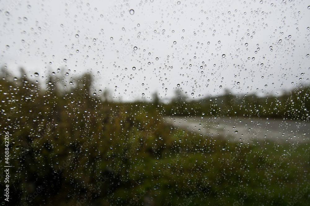 Raindrops on window, wet day