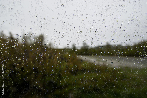 Raindrops on window, wet day