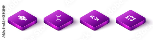 Set Isometric Punch in boxing gloves, Chest expander, Boxing belt and Stopwatch icon. Vector.