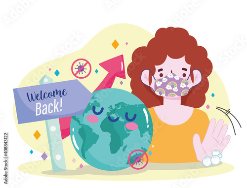 Reopening welcome back woman with mask protection covid 19
