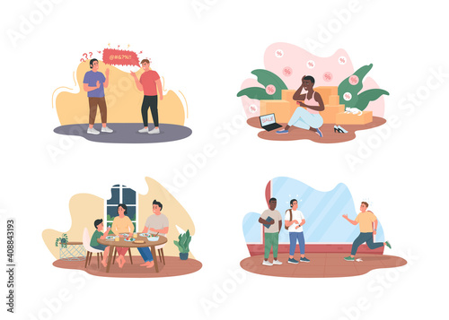 Unhealthy lifestyle 2D vector web banner, poster set. Swearing with curse words. People with bad habits flat characters on cartoon background. Printable patch, colorful web element collection