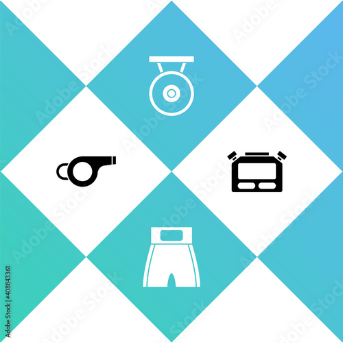 Set Whistle, Boxing short, Gong and Stopwatch icon. Vector.