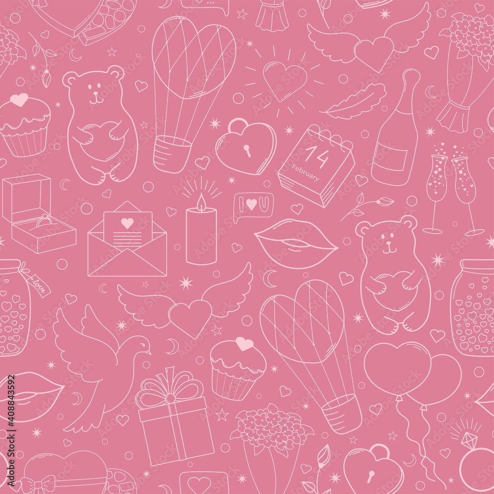 Happy Valentine's Day. Funny seamless pattern of vector hand drawn elements, pink and beige. Happy Valentine's Day. Funny seamless pattern of vector hand drawn elements, pink and beige.