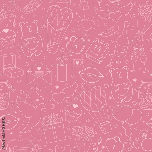 Happy Valentine's Day. Funny seamless pattern of vector hand drawn elements, pink and beige.