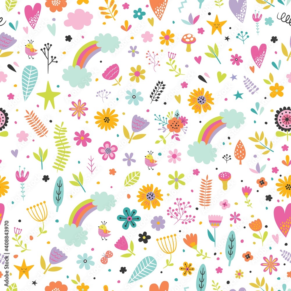Childish seamless vector pattern with cute flowers, rainbow, clouds, heart in cartoon style. Creative vector childish background for fabric, textile.