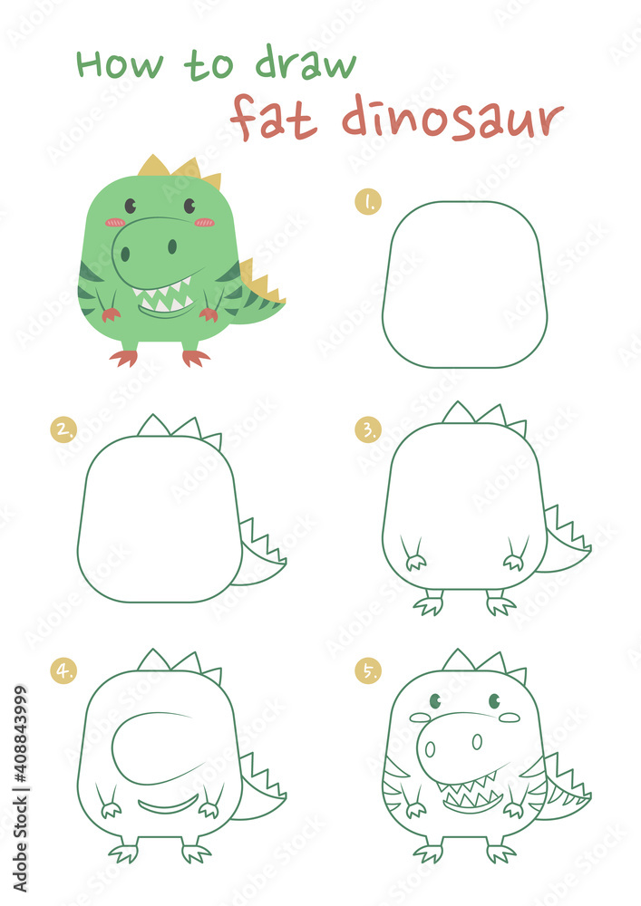 Drawing Lesson for Children. How Draw a Cartoon Dinosaur Stock Vector -  Illustration of happy, children: 240365014