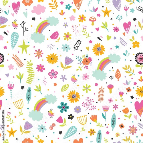 Childish seamless vector pattern with cute flowers  rainbow  clouds  heart in cartoon style. Creative vector childish background for fabric  textile.