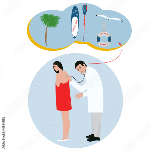 Doctor listens with a stethoscope to a patient and dreams of a vacation at sea, surfing board - vector. Travel planning.