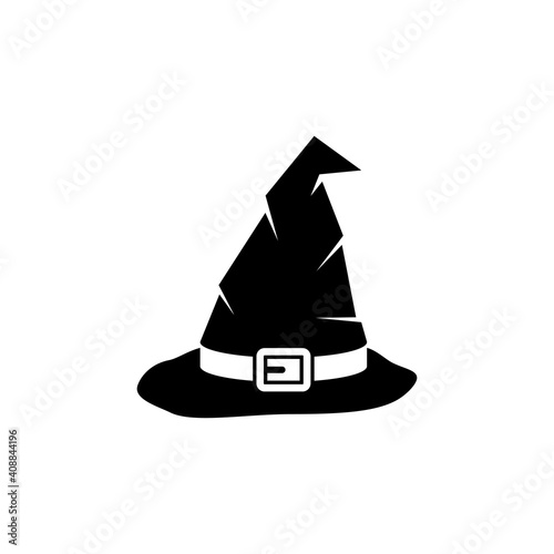 Halloween Witch Hat, Wizard Cone Cap. Flat Vector Icon illustration. Simple black symbol on white background. Halloween Witch Hat, Wizard Cone Cap sign design template for web and mobile UI element.