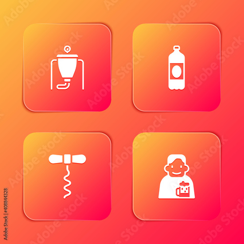 Set Beer brewing process, Plastic beer bottle, Wine corkscrew and Happy man with icon. Vector.