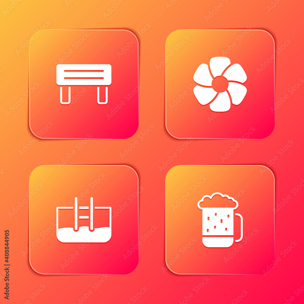 Set Sauna wood bench, Flower, Swimming pool with ladder and Wooden beer mug icon. Vector. Set Sauna wood bench, Flower, Swimming pool with ladder and Wooden beer mug icon. Vector.